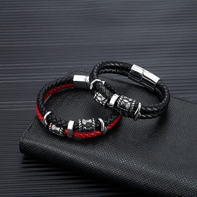 MKENDN Norse Vikings Thor's Hammer Mjolnir Scandinavian Rune Amulet Beads Stainless Steel Men's Leather Bracelet Homme Pulseras