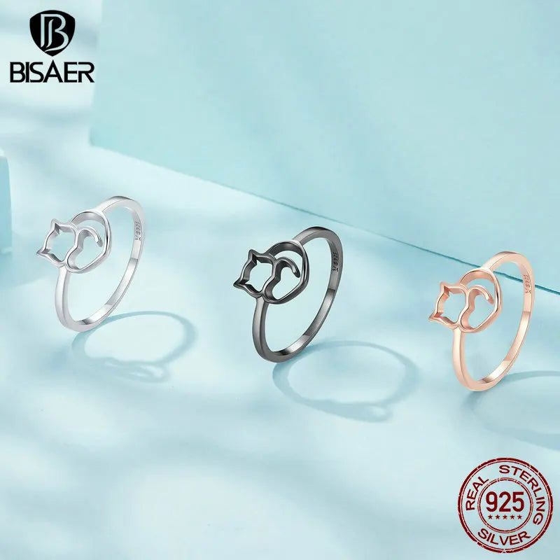 BISAER 925 Sterling Silver Cute Little Cat & Heart Finger Ring Size 6-9 3 Colors Pet Ring For Women Party Fine Jewelry ECR104