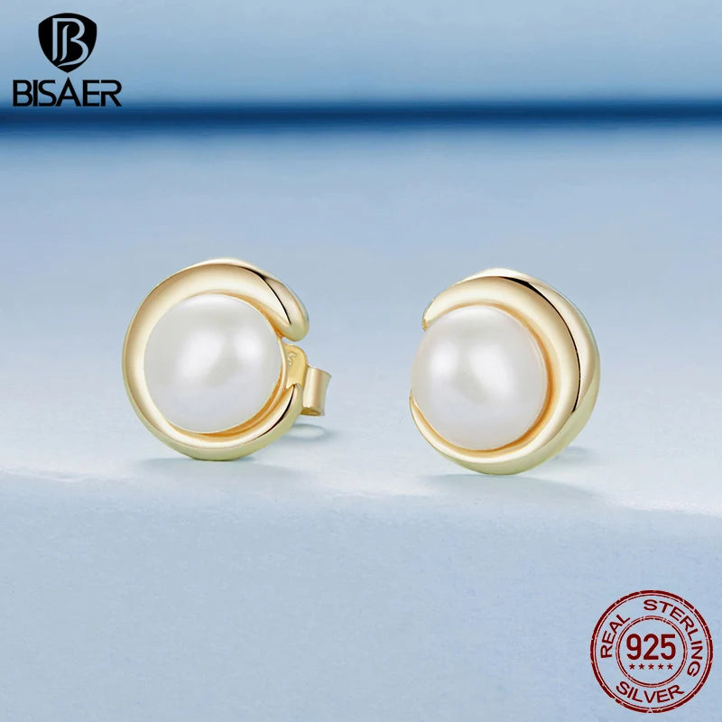 BISAER 925 Sterling Silver Pearl Stud Earrings Simple Round Ear Clip Plated Gold For Elegant Women Party Fine Jewelry EFE1107