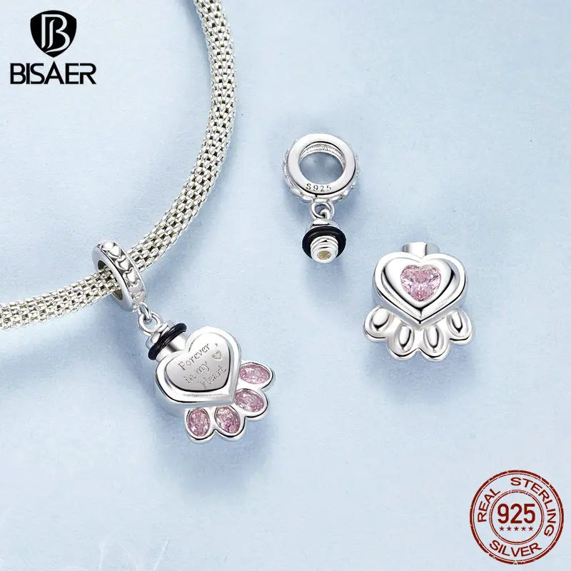 BISAER Pendentif en argent sterling 925 en forme de patte d'animal de compagnie en forme d'urne funéraire en forme de cœur rose avec zircone cubique pour femme, bracelet et collier à faire soi-même, bijoux fins