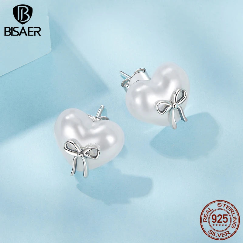 BISAER Real 925 Sterling Silver Pearl Heart Stud Earrings Bow Stud Ear For Elegant Women Party Fine Jewelry Holiday Gifts