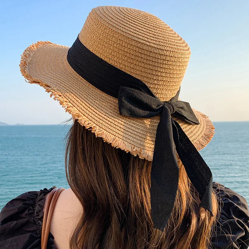 Bow Ribbon Straw Cover Cap Women Wide Brim Soft Top Sun Protection Hat Summer Sunshade Visors Female Vacation Beach Accessories