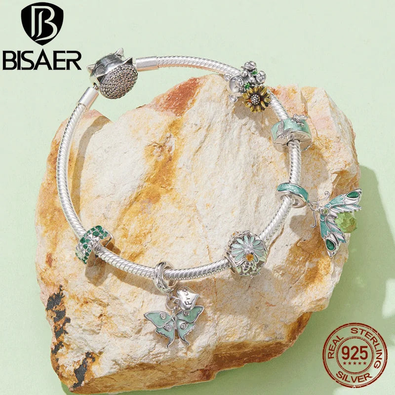 BISAER 100% 925 Sterling Silver Bee Daisy Charm Bead Butterfly Flower Safety Chain Fit Women DIY Bracelet Necklace Fine Jewelry