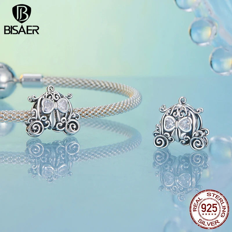 BISAER 925 Sterling Silver Dreamlike Fairytale Princess Charm Pumpkin Carriage Bead Fit Women DIY Bracelet Fine Jewelry Gift