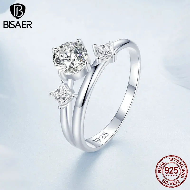 BISAER 925 Sterling Silver Sparkling Double Ring Sparkling Zircon Band Plated White Gold for Woman Party Weedding Fine Jewelry