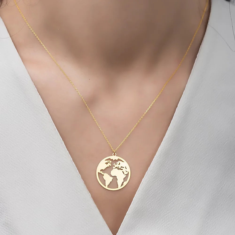 Collier en acier inoxydable avec pendentif carte du monde, breloque globe, bijoux bohème pour femmes, ras du cou Wanderlust Earth, cadeaux de voyage