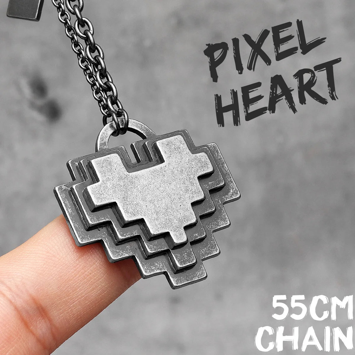 Collier avec pendentif en forme de cœur de style pixel pour homme, chaîne en acier inoxydable, style punk rock, créatif et stéréo, idéal comme cadeau pour homme