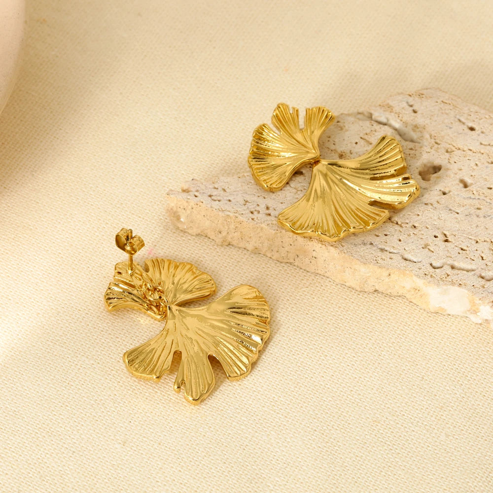 New Trend 18k Gold Plated Stainless Steel Ginkgo Leaf Drop Earrings for Women Texture Chunky Statement Dangle Studs Jewelry