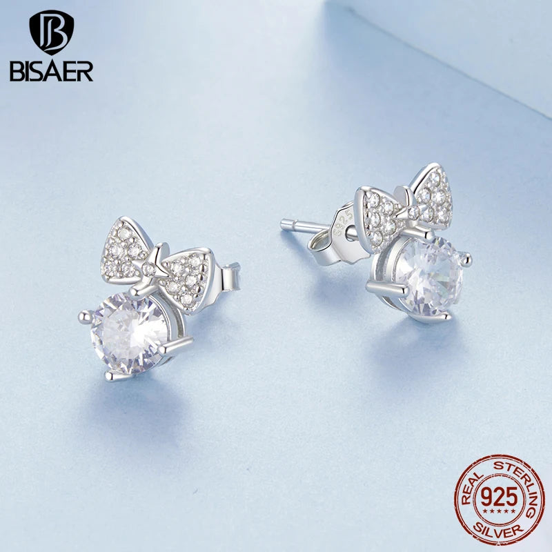 BISAER 925 Sterling Silver Bowknot Stud Earrings Sparkling Zircon Earrings Plated White Gold for Women Party Fine Jewelry Gift