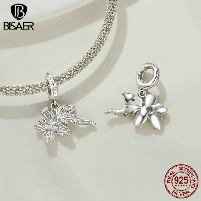 BISAER 925 Sterling Silver Heart Charm Bead Dreamy Butterfly Pendant Love Wing Safety Chain for DIY Bracelets Fine Jewelry Gift