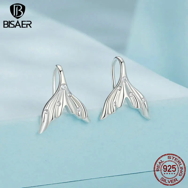 BISAER Real 925 Sterling Silver Mermaid Tail Stud Earrings Sparkling Zircon Stud Ear For Woman Party Fine Jewelry Holiday Gifts