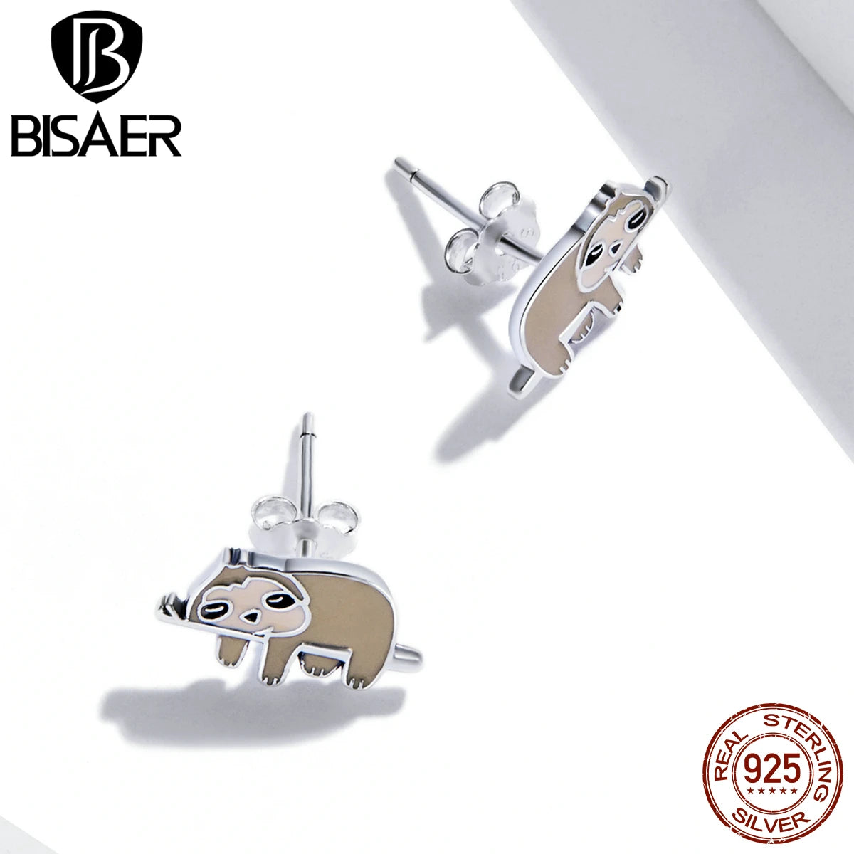 BISAER 925 Sterling Silver Cute Mini Animal Stud Earrings Cat Panda Bear Stud Ear Plated White Gold For Woman Party Fine Jewelry