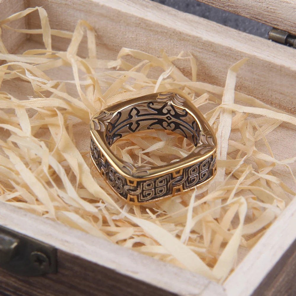 NEW Men's 316L stainless-steel rings retro Odin Viking rune for teen RING Amulet fashion Jewelry Gift with wood box