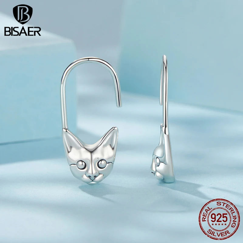 BISAER 100% 925 Sterling Silver Cat Stud Earrings Cute Pets Clasp Earrings For Women Party Fine Original Jewelry ECE1836