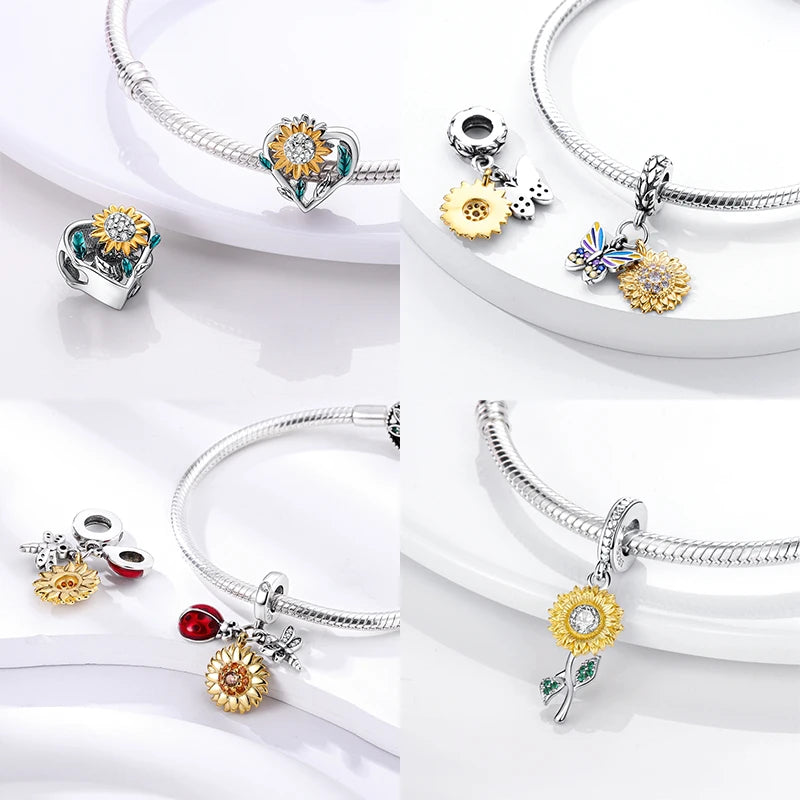 Gold Plated Sunflower Butterfly Pendant Love Charms Beads Fit Original Pandora Bracelet DIY 925 Sterling Silver Jewelry Gift