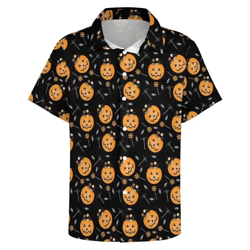 Funny Pumpkin Candy Graphic Blouses Fashion Halloween Gift 3D Printed Beach Shirts Streetwear Boy Short Sleeve Button Male Tops