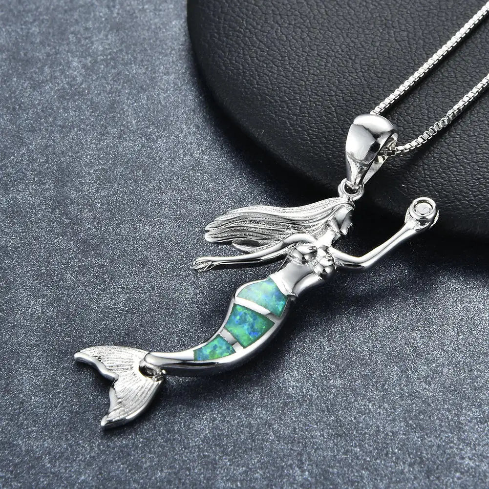 New Hawaiian Island Opal Mermaid Pendant Necklace For Teen Girls Fashion Jewelry Long Chain Necklace