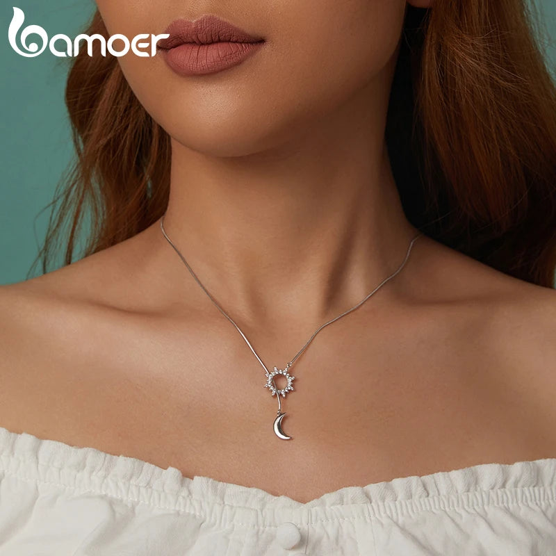 Collier en Y plaqué or blanc BAMOER Soleil et Lune, collier en argent sterling 925 de haute qualité pour femme, cadeau de Noël