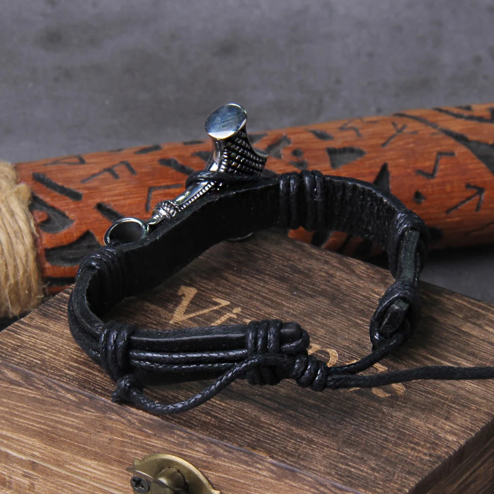 Men's thor's hammer Wrap Viking Bracelet Men's Leather Accessories Hatchet Handmade Pirate Bracelet For Male with box as gift