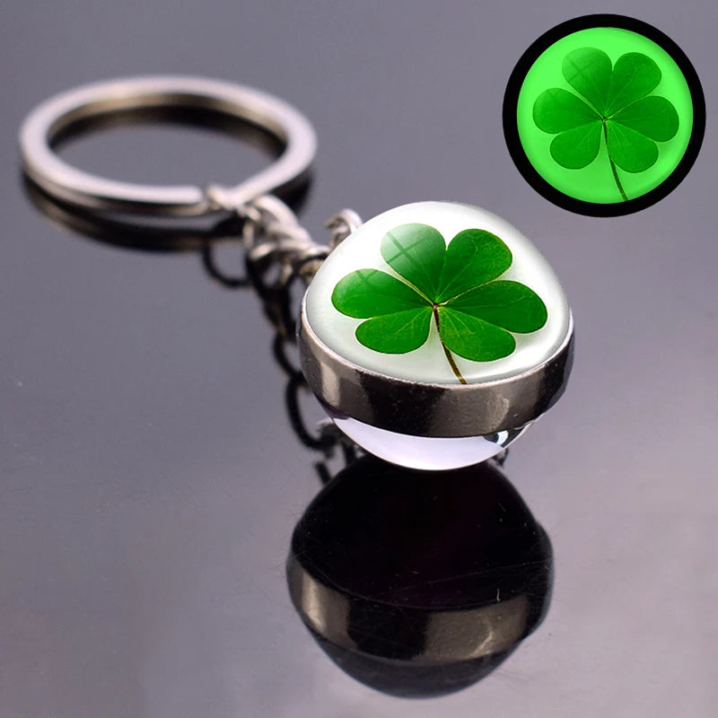 Glowing Clover Keychain Four Leaf Clover Luminous Glass Ball Key Chain Keyring Lucky Jewelry St Patricks Day Gifts Irish Pendant