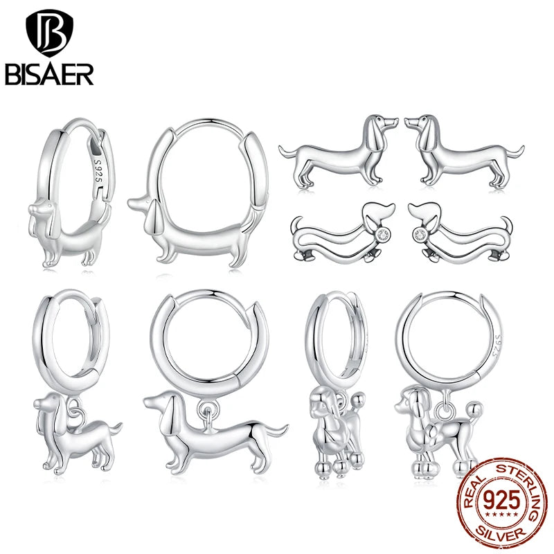 BISAER - Pendientes de aro con hebillas para orejas de perro salchicha en plata de ley 925 chapados en platino para mujer, joyería fina para fiestas ECE1677