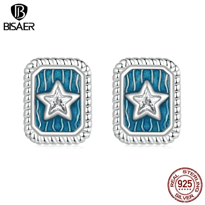 BISAER Real 925 Sterling Silver Vintage Star Stud Earring Bule Square Stud Ear Plated White Gold For Woman Party Fine Jewelry