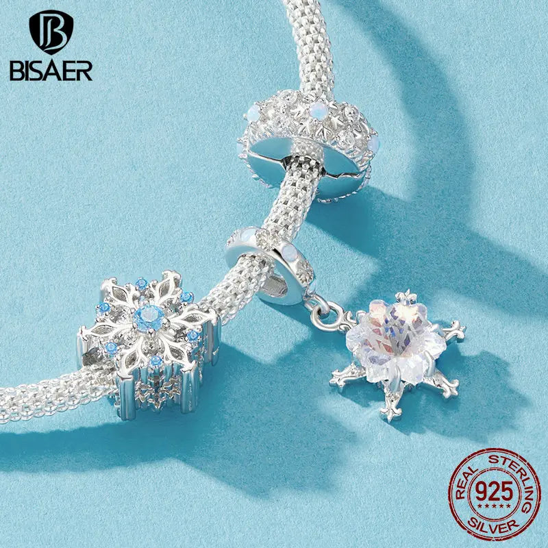 BISAER 925 Sterling Silver Kingdom Snowflake Charm Bead Ice Flower Pendant Plaqué Platine Fit Femmes DIY Bracelet Fine Jewelry