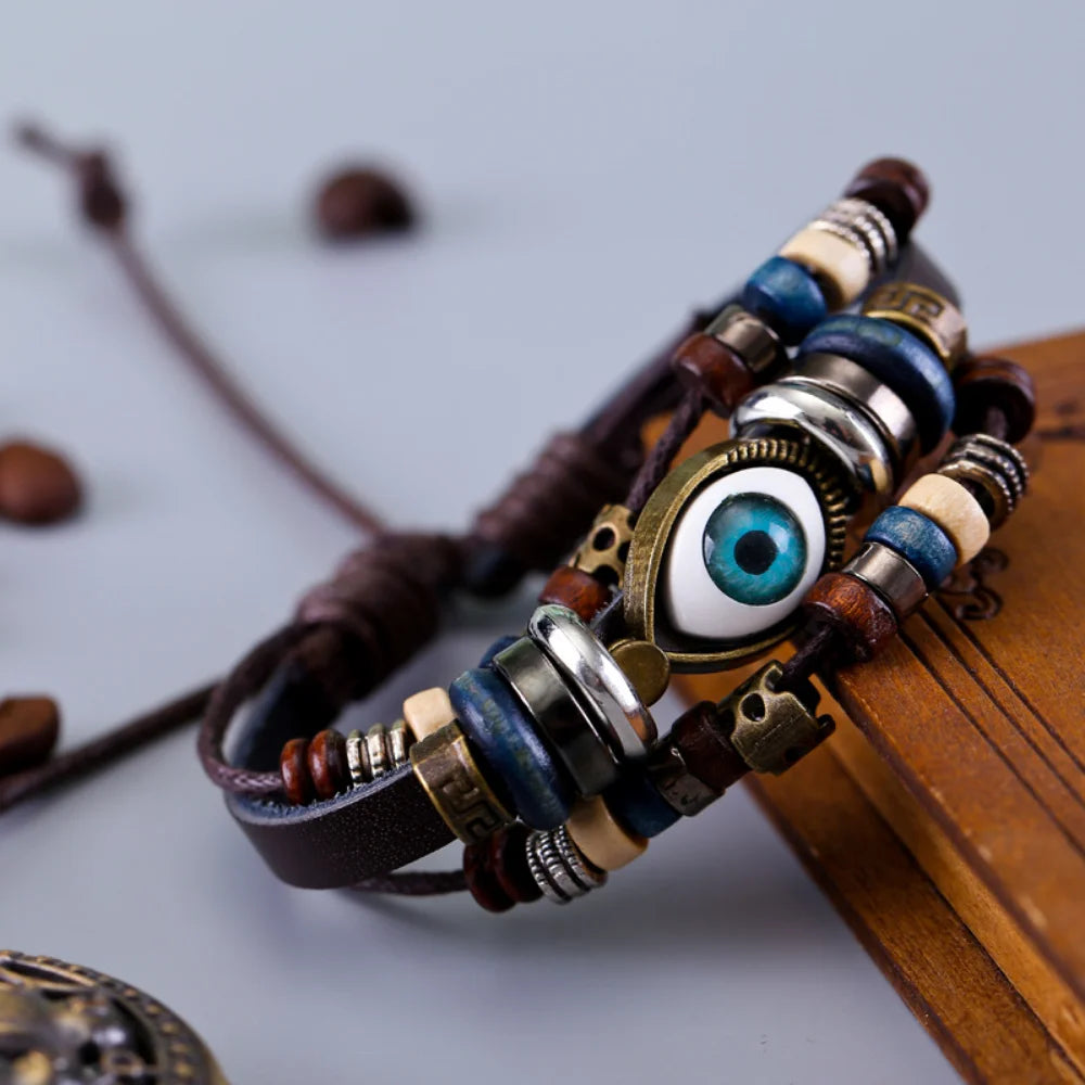 Evil Eye Bracelets For Men Women Vintage Leather Rope Cool Adjustable Layered Bracelet Charm Turkey Jewelry Halloween Cosplay