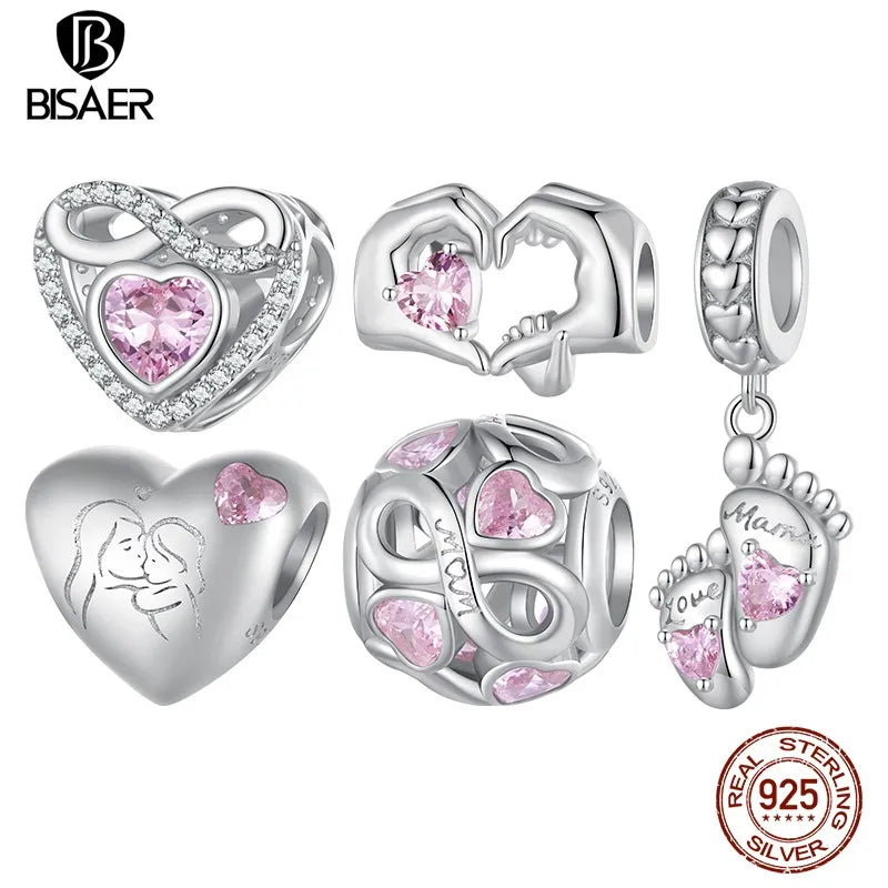 BISAER 925 Sterling Silver Motherly Love Charm Bead Hand Heart Pendant Plated Platinum Fit Mother's Day Bracelet Fine Jewelry