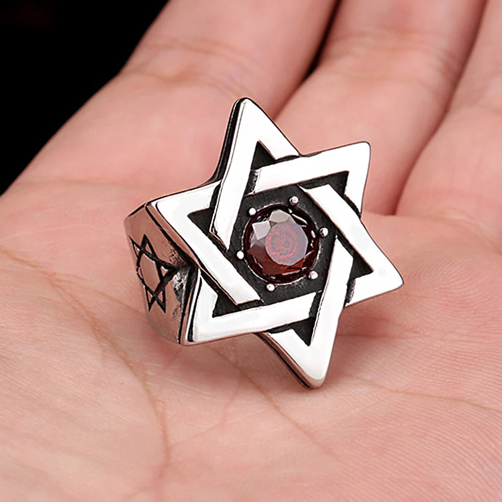 Vintage Fashion Star of David Ring 316L Stainless Steel Red Stone Rings For Men Women Punk Hip Hop Party Jewelry Gifts Wholesale