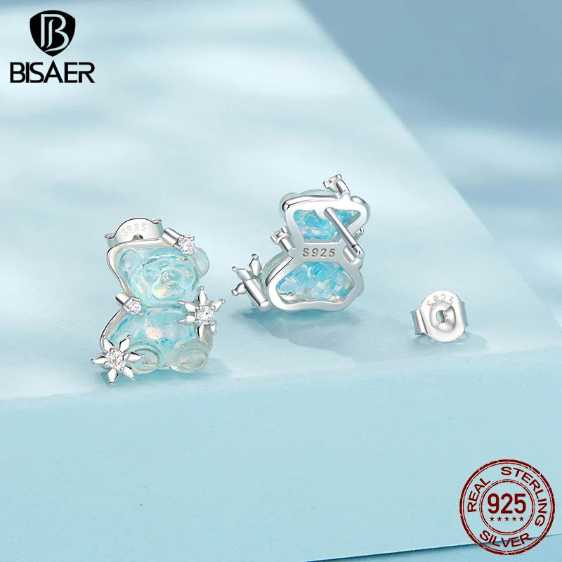 BISAER 925 Sterling Silver Bule Bear & Snowflake Stud Earrings Cute Animals Hypoallergenic Earrings for Women Party Fine Jewelry