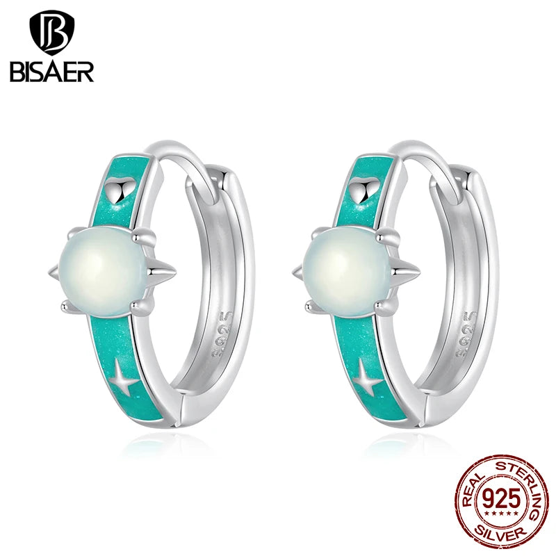 BISAER 925 Sterling Silver Green Planet Hoop Earrings For Elegant Woman Zircon Buckles Earrings Plated White Gold Fine Jewelry