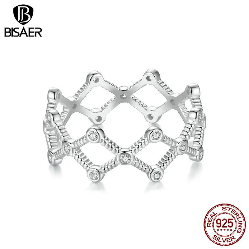 BISAER 925 Sterling Silver Rhythm Statement Ring Sparkling Zircon Band Plated White Gold for Woman Party Weedding Fine Jewelry