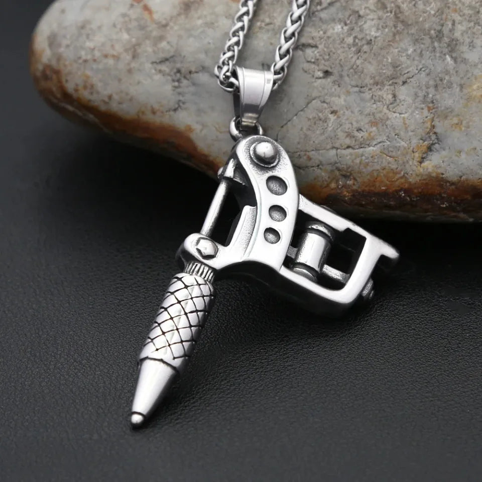 Vintage Stainless Steel Tattoo Machine Tool Pendant Necklace For Men Women Punk Hip Hop Tattoo Artist Gifts Jewelry Accessories