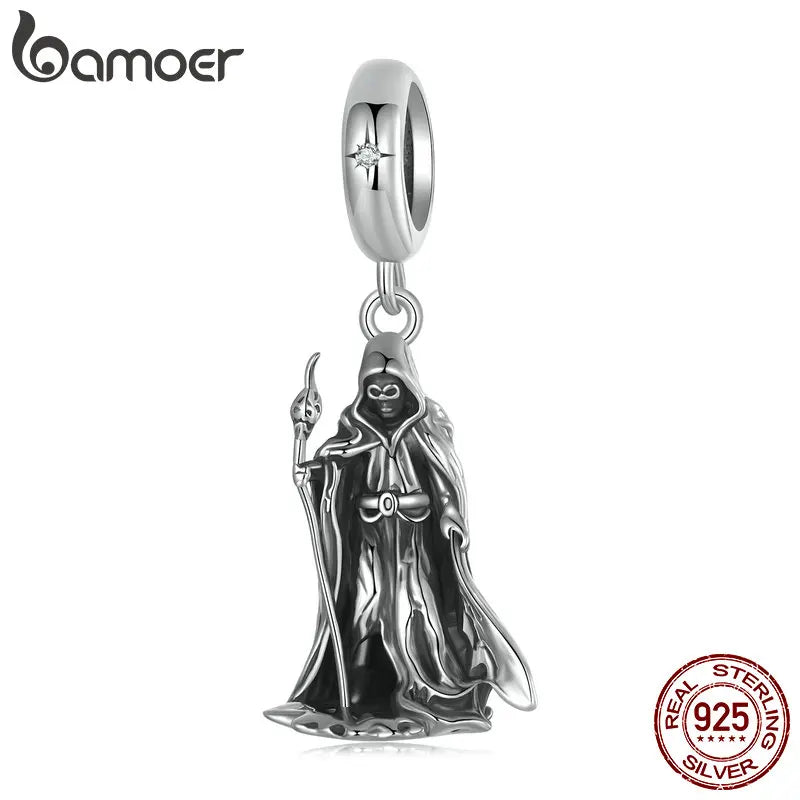 BAMOER Solid 925 Sterling Silver Wand-wielding Grim Reaper Pendant fit Original Bracelet & Necklaces Halloween Jewelry DIY