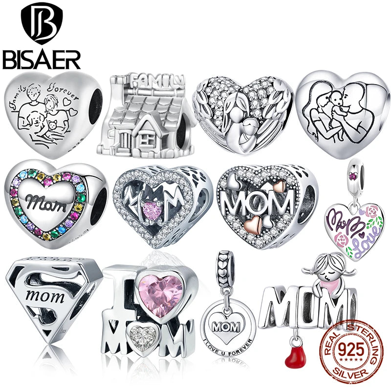 BISAER 925 Sterling Silver Heart Mom Charm Bead Love Pendant Plated Platinum Fit Mother's Day Birthday DIY Bracelet Fine Jewelry