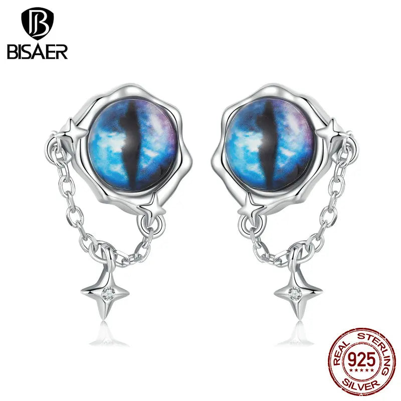 BISAER Real 925 Sterling Silver Bule Devil Eye Stud Earring Star Tassels Stud Ear Plated White Gold For Woman Party Fine Jewelry