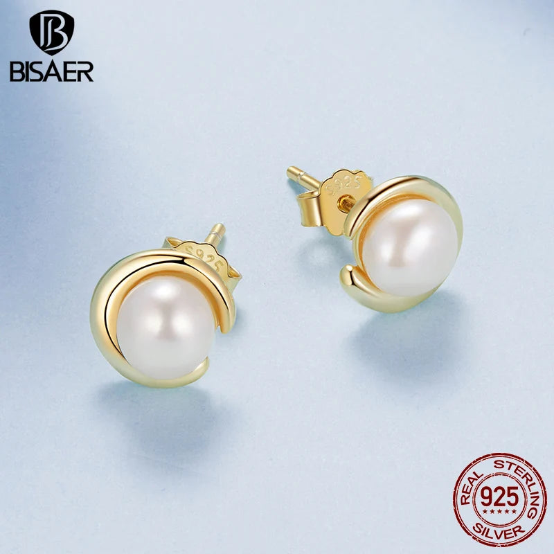 BISAER 925 Sterling Silver Pearl Stud Earrings Simple Round Ear Clip Plated Gold For Elegant Women Party Fine Jewelry EFE1107