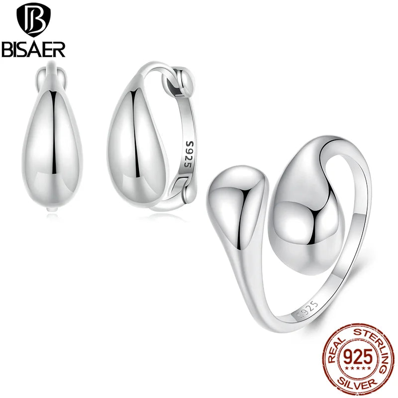 BISAER Bague ouverte en argent sterling 925 en forme de goutte d'eau Boucles d'oreilles créoles simples en forme de goutte d'eau pour femmes élégantes Ensemble de bijoux fins Cadeau