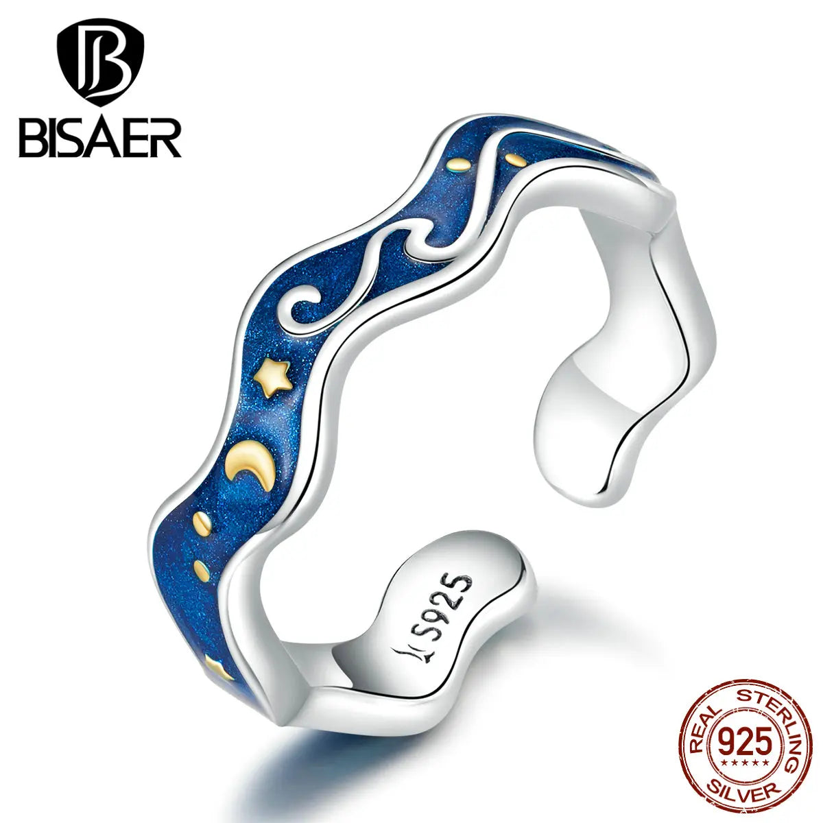 BISAER 925 Sterling Silver Blue Starry Sky of Van Gogh Ring for Couple Lover Open Finger Band Design Jewelry Accessories ECR608