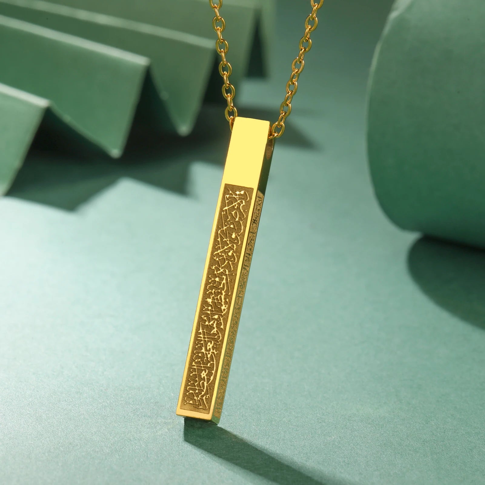 Dreamtimes Stainless Steel Strip Dimensional Pendant Four Sides Engraved Islamic Runes Necklace for Men Lucky Amulet Jewelry