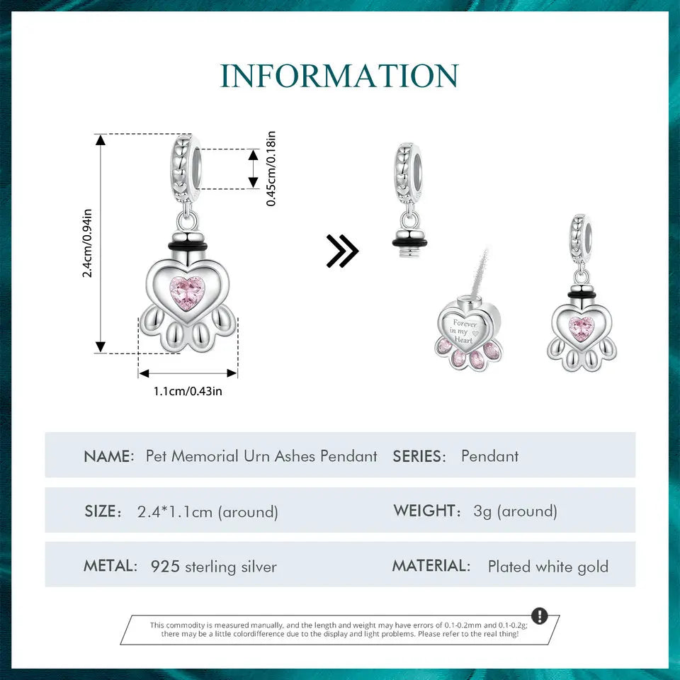 BISAER Pendentif en argent sterling 925 en forme de patte d'animal de compagnie en forme d'urne funéraire en forme de cœur rose avec zircone cubique pour femme, bracelet et collier à faire soi-même, bijoux fins