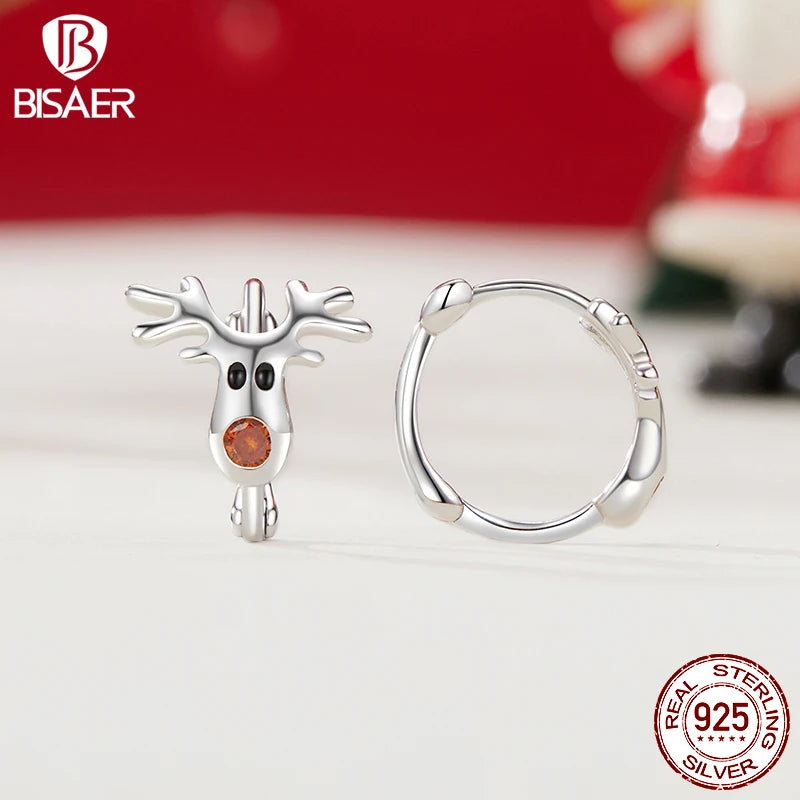 BISAER 925 Sterling Silver Reindeer Hoop Earrings Enamel Process Stud Earrings Plated White Gold for Women Party Fine Jewelry