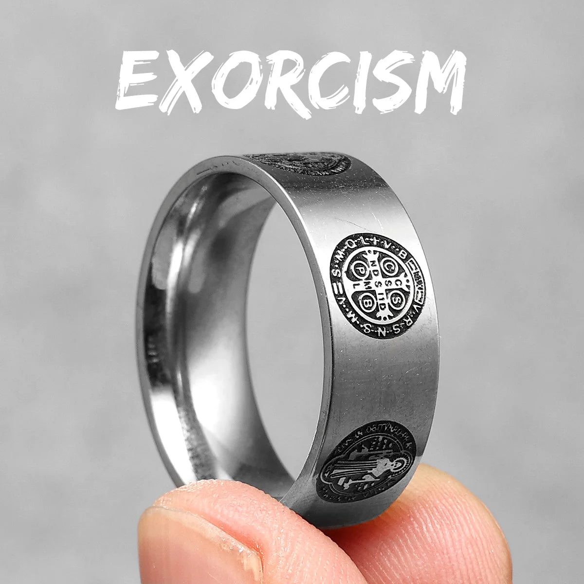 Bague d'exorcisme Saint Benoît Amulette Croix Acier Inoxydable 316L Bague Homme Rock pour Ami Homme Bijoux Cadeau Créatif En Gros