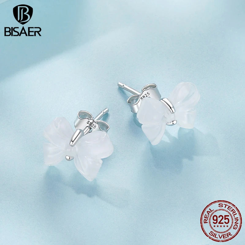 BISAER Real 925 Sterling Silver Bowknot Stud Earrings Minimalist Bow Stud Ear For Women Party Original Fine Jewelry Gift ECE1815