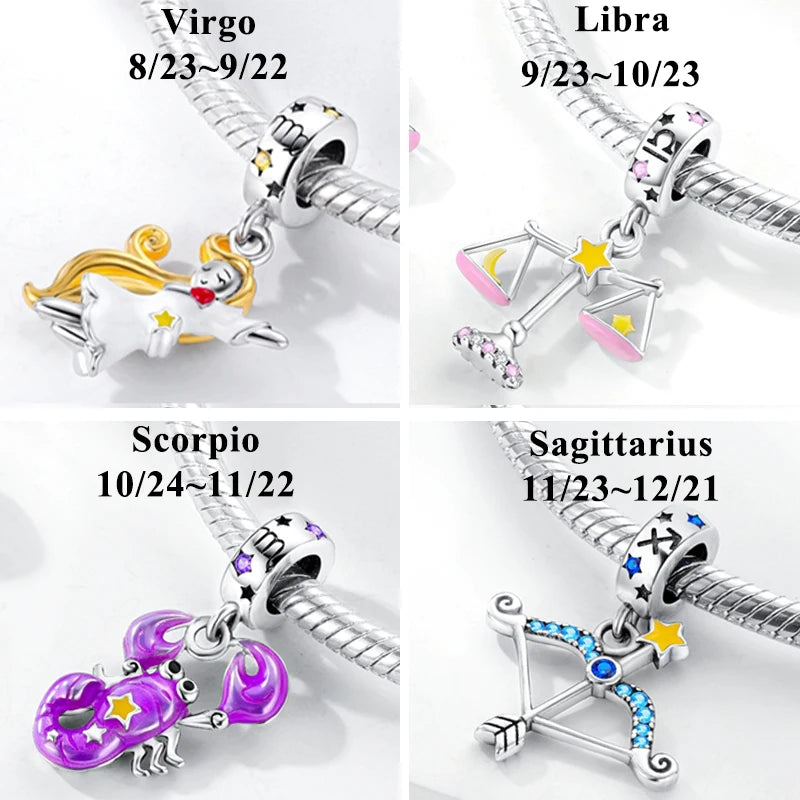 12 Zodiac Signs Fluorescent Twelve Constellations Star Sign 925 Silver Beads Charms fit Original Pandora Bracelet Neckalce