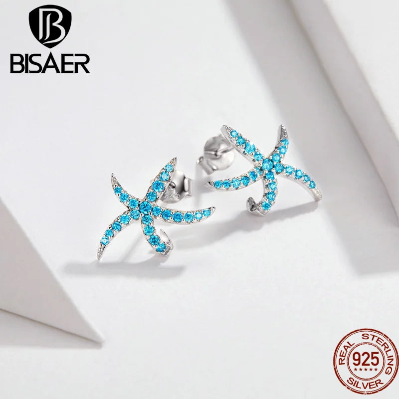 BISAER 925 Sterling Silver Starfish Earrings Blue Cubic Zircon Starfish Stud Earring For Women Beach Party Fine Jewelry EFE136