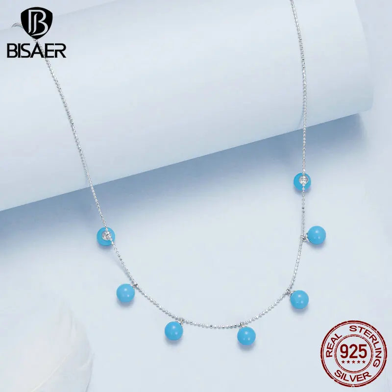 BISAER 925 Sterling Silver Round Blue Turquoise Necklace Pendant Adjustable Chain Plated White Gold for Woman Fine Jewelry Gift