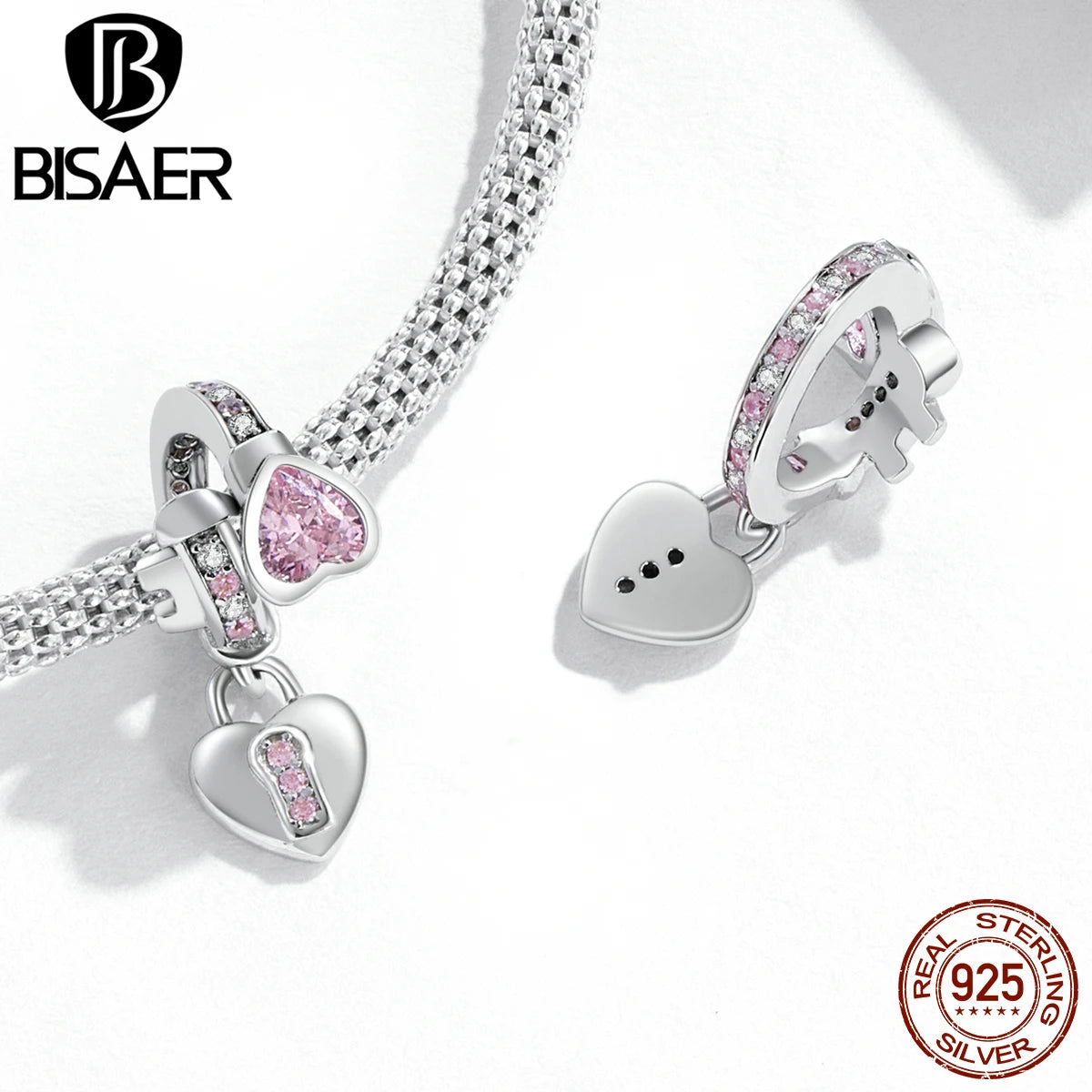 BISAER 925 Sterling Open Heart Lock Charm Bead Plated Platinum Pendant Fit DIY Bracelet Jewelry Valentine's Day Birthday Gift