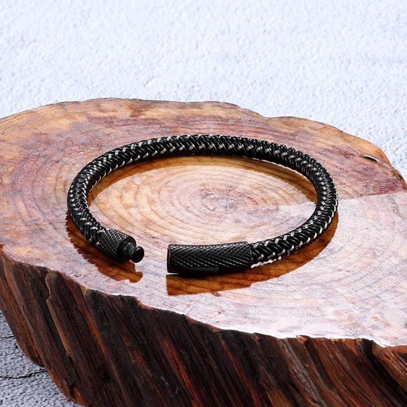 MKENDN New Men Braided Leather Bracelet Simple Black Stainless Steel Button Neutral Accessories Magnetic Clasp Fashion Bangles